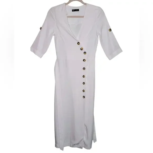 TRF Collection Zara White Long Dress With Buttons and Sash Size XS